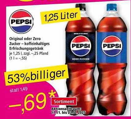 PEPSI Original oder Zero Zucker – 1,25 Liter