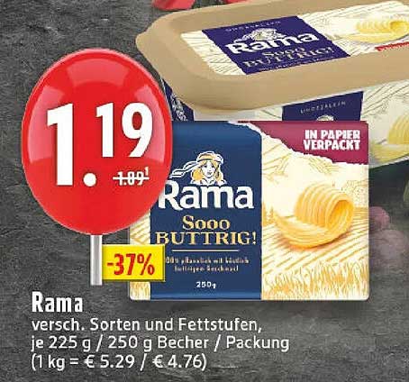 Rama verschiedene Sorten und Fettstufen, je 225 g / 250 g Becher / Packung