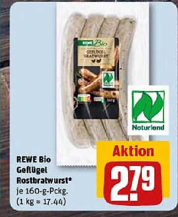 REWE Bio Geflügel Rostbratwurst* je 160-g-Packung