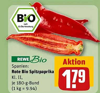 REWE Bio Rote Spitzpaprika - Klasse II, je 180 g-Bund