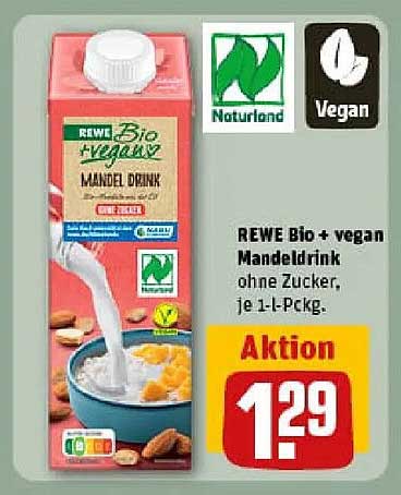 REWE Bio + vegan Mandeldrink ohne Zucker, je 1-l-Pckg.