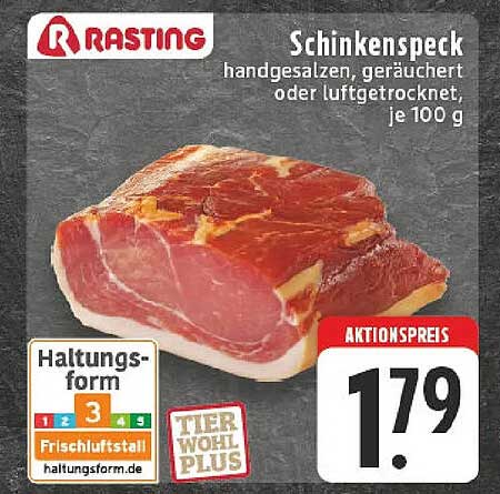 Schinkenspeck handgesalzen, geräuchert oder luftgetrocknet, je 100 g