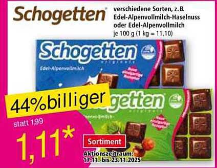 Schogetten Edel-Alpenvollmilch oder Edel-Alpenvollmilch-Haselnuss 100g