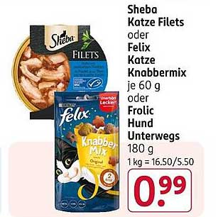 Sheba Katze Filets oder Felix Katze Knabbermix 60 g oder Frolic Hund Unterwegs 180 g