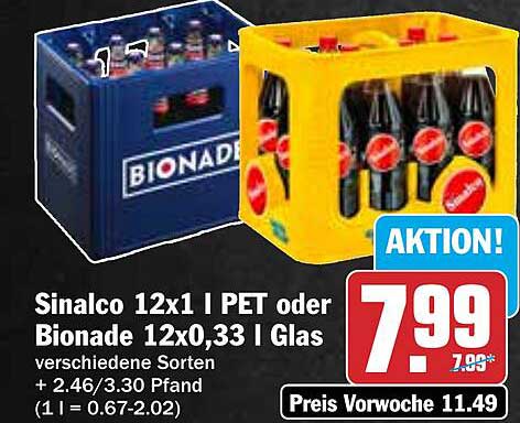 Sinalco 12x1 l PET oder Bionade 12x0,33 l Glas - verschiedene Sorten