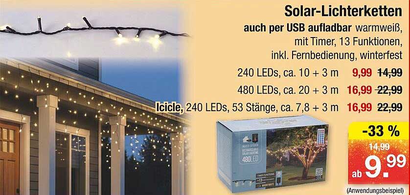 Solar-Lichterketten auch per USB aufladbar warmweiß, mit Timer, 13 Funktionen, inkl. Fernbedienung, winterfest