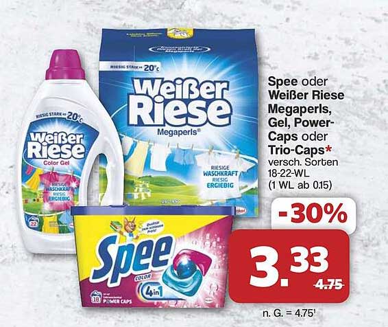 Spee oder Weißer Riese Megaperls, Gel, Power-Caps oder Trio-Caps - 30% Rabatt!