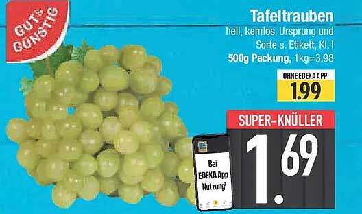 Tafeltrauben hell, kernlos, Ursprung und Sorte s. Etikett, Kl. I 500g Packung