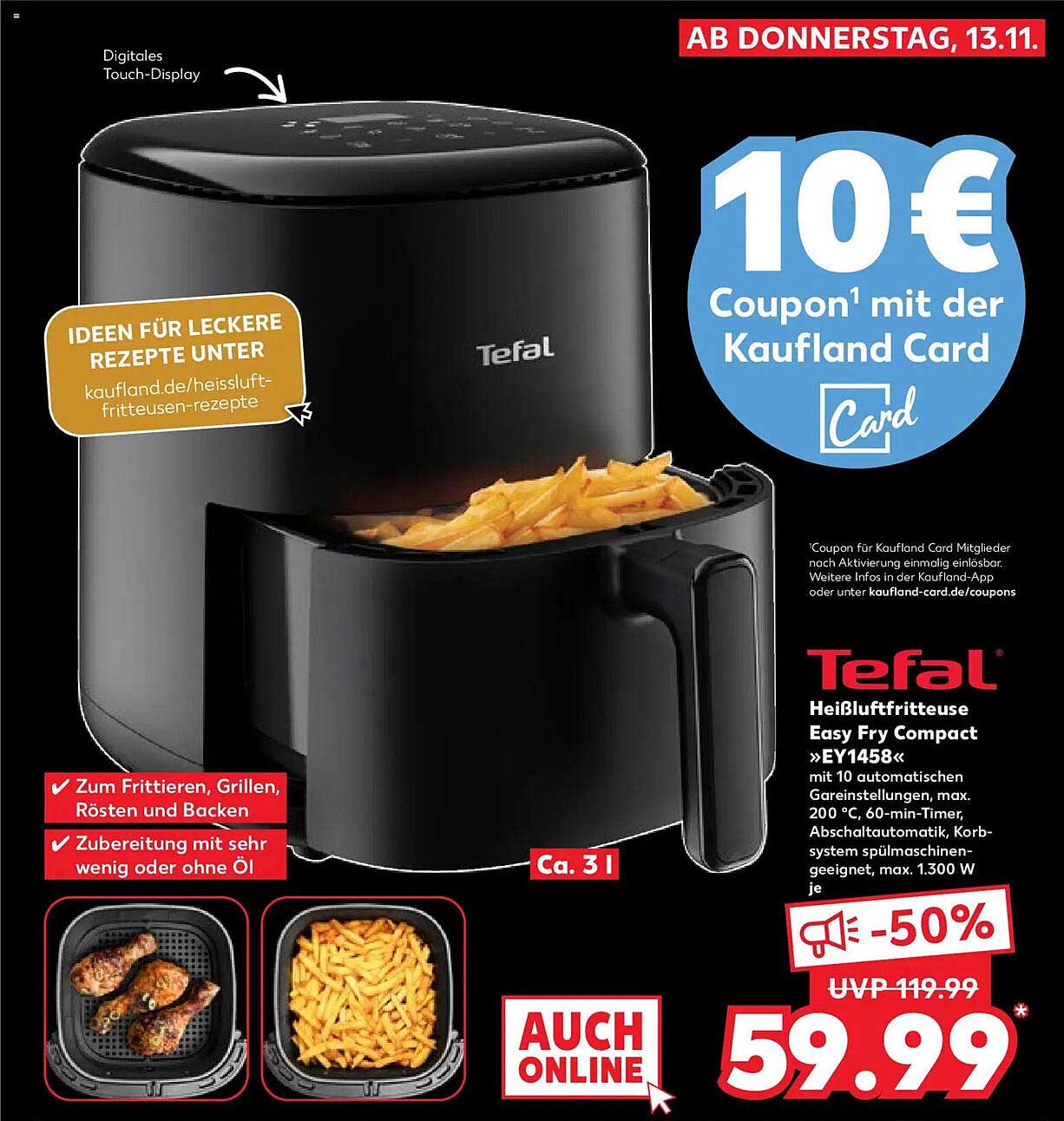 Tefal Heißluftfritteuse Easy Fry Compact EY1458, 1300 W, 3 l