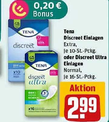 Tena Discreet Einlagen Extra oder Discreet Ultra Einlagen Normal, je 10-St.-Pckg. oder 16-St.-Pckg.