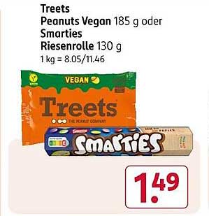 Treets Peanuts Vegan 185 g oder Smarties Riesenrolle 130 g
