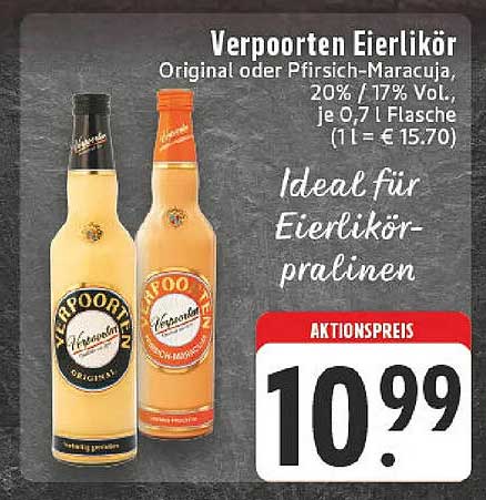 Verpoorten Eierlikör Original oder Pfirsich-Maracuja, 20%/17% Vol., 0,7 l Flasche