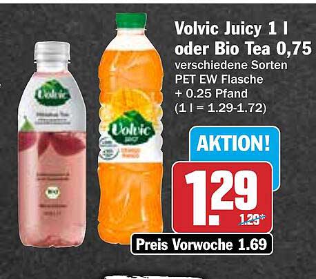 Volvic Juicy 1 l oder Bio Tea 0,75 verschiedene Sorten PET EW Flasche + 0,25 Pfand