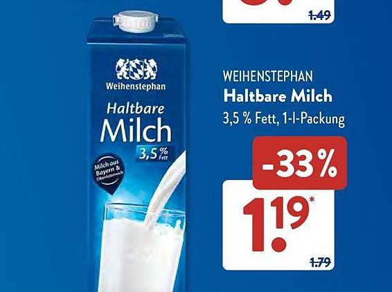 WEIHENSTEPHAN Haltbare Milch 3,5 % Fett, 1-l-Packung