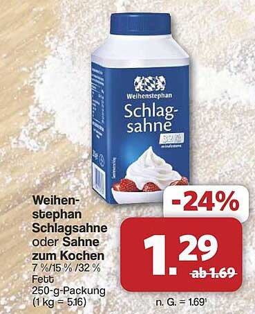 Weihenstephan Schlag­sahne oder Sahne zum Kochen 250-g-Packung
