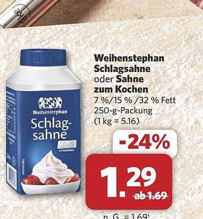 Weihenstephan Schlagsahne oder Sahne zum Kochen 250 g - Preis für Liebhaber von Sahnegenuss
