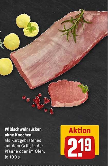 Wildschweinsrücken ohne Knochen als Kurzgebratenes auf dem Grill, in der Pfanne oder im Ofen, je 100 g