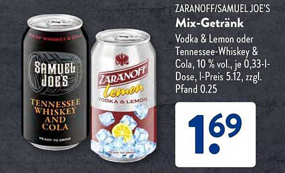 Zaranoff/Samuel Joe's Mix-Getränk – Vodka & Lemon oder Tennessee-Whiskey & Cola