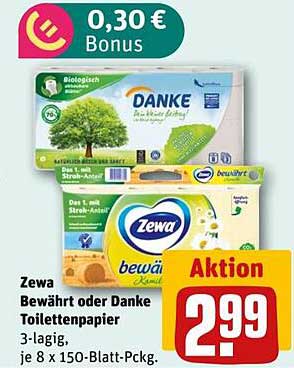 Zewa Bewährt oder Danke Toilettenpapier 3-lagig, je 8 x 150-Blatt-Päckchen