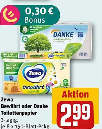 Zewa Bewährt oder Danke Toilettenpapier, 3-lagig, je 8 x 150-Blatt-Pckg.