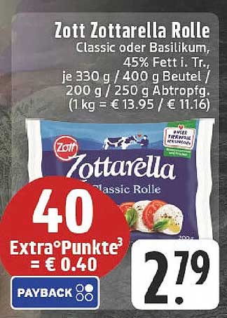 Zott Zottarella Rolle - Classic oder Basilikum