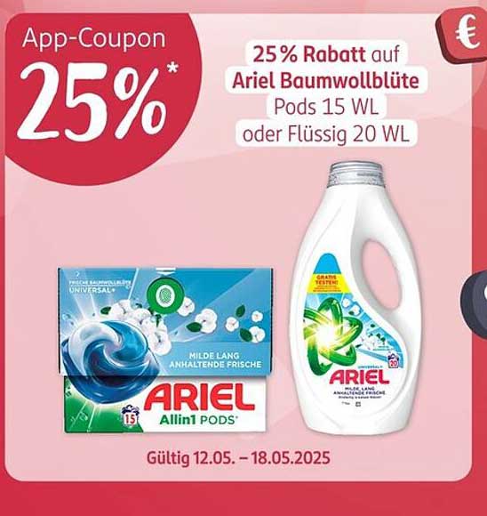 25% Rabatt auf Ariel Baumwollblüte Pods 15 WL oder Flüssig 20 WL
