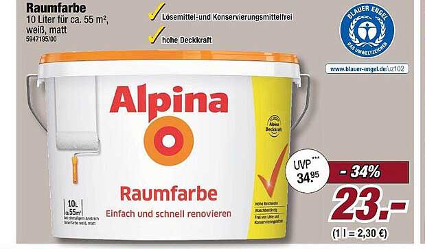 Alpina Raumfarbe 10 Liter für ca. 55 m², weiß, matt