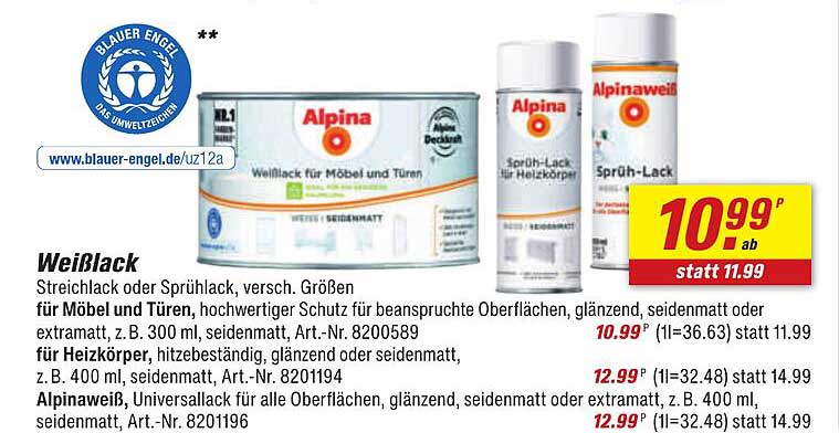 Alpina Weißlack oder Sprühlack, verschiedene Größen für Möbel und Türen