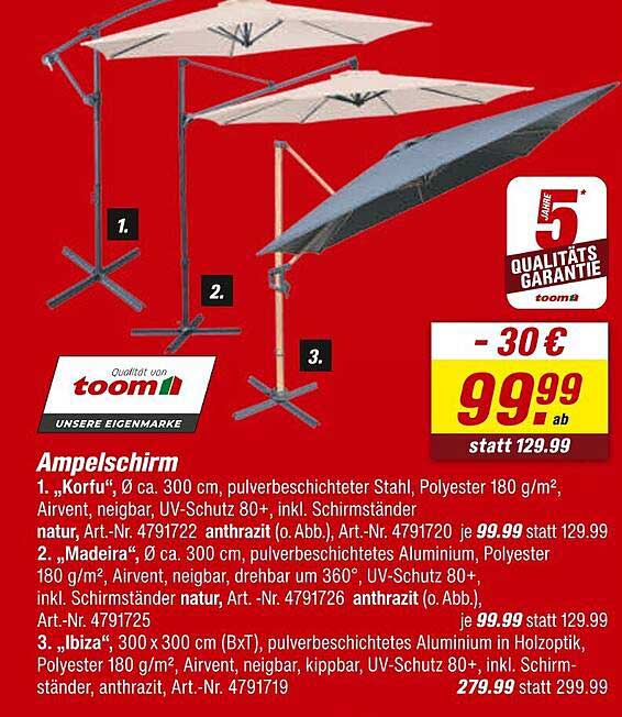 Ampelschirm „Korfu“ Ø ca. 300 cm, pulverbeschichteter Stahl, Polyester 180 g/m², inkl. Schirmständer