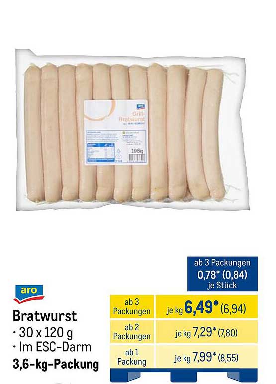 aro Bratwurst - 30 x 120 g im ESC-Darm, 3,6-kg-Packung