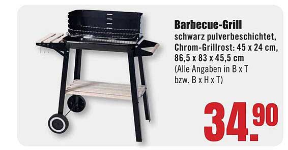 Barbecue-Grill schwarz pulverbeschichtet, Chrom-Grillrost: 45 x 24 cm, 86,5 x 83 x 45,5 cm