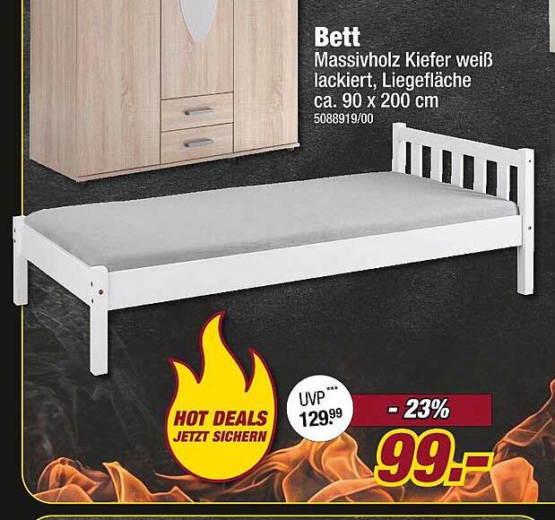Bett Massivholz Kiefer weiß lackiert, Liegefläche ca. 90 x 200 cm