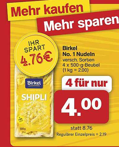 Birkel No. 1 Nudeln 4 x 500-g-Beutel für nur 4,00 €