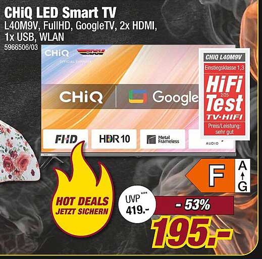 CHiQ LED Smart TV L40M9V, FullHD, GoogleTV, 2x HDMI, 1x USB, WLAN