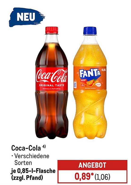 Coca-Cola 4) und Fanta – Verschiedene Sorten je 0,85-l-Flasche (zzgl. Pfand)