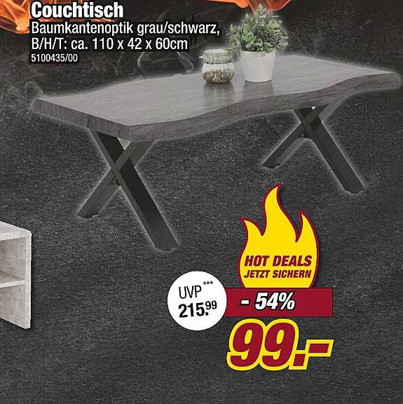 Couchtisch Baumkantenoptik grau/schwarz, B/H/T: ca. 110 x 42 x 60cm