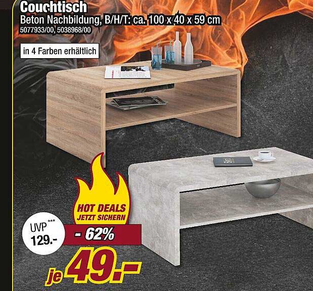 Couchtisch - Beton Nachbildung, B/H/T: ca. 100 x 40 x 59 cm