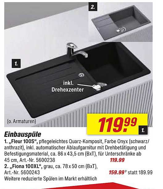 Einbauspüle "Fleur 100S", pflegeleichtes Quarz-Komposit, Farbe Onyx