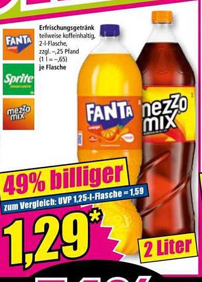 Erfrischungsgetränke Fanta, Sprite und Mezzo Mix, 2-Liter-Flasche