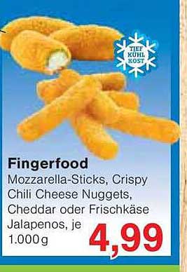 Fingerfood: Mozzarella-Sticks, Crispy Chili Cheese Nuggets, Cheddar oder Frischkäse Jalapenos, je 1.000g