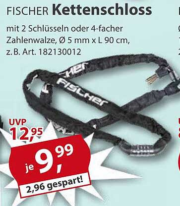 FISCHER Kettenschloss mit 2 Schlüsseln oder 4-facher Zahlenwalze, Ø 5 mm x L 90 cm