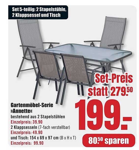 Gartenmöbel-Serie »Annettet« - 5-teiliges Set: 2 Stapelstühle, 2 Klappsessel und Tisch