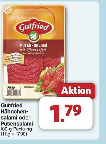 Gutfried Hähnchen-Salami oder Putensalami 100-g-Packung