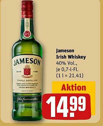 Jameson Irish Whiskey 0,7 l für 14,99 €