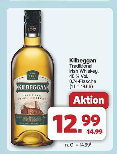 Kilbeggan Traditional Irish Whiskey, 40 % Vol., 0,7 l-Flasche