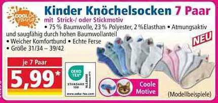 Kinder Knöchelsocken 7 Paar mit Strick- oder Stickmotiv