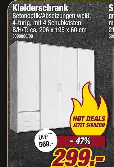 Kleiderschrank Betonoptik/Absetzungen weiß, 4-türig, mit 4 Schubkästen