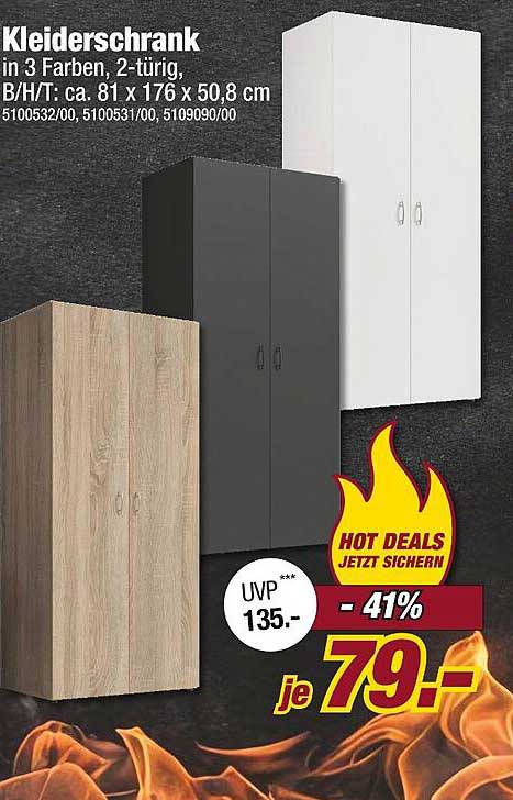 Kleiderschrank in 3 Farben, 2-türig