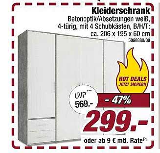 Kleiderschrank in Betonoptik - 4-türig mit 4 Schubkästen