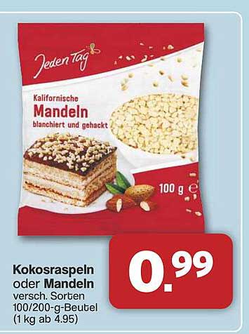 Kokosraspeln oder Mandeln - 100 g für nur 0,99 €
